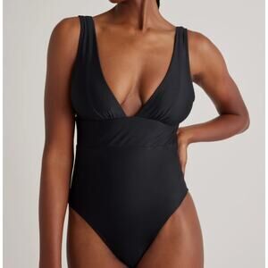 Quince Women's Italian Plunge One-Piece Swimsuit Black Size Medium UPF50 ATG001